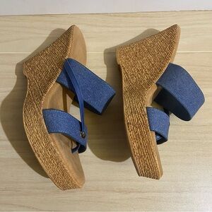 Y2K Blue Denim Cork Wedge Sandals Stretch Straps Sz 9.5 Coastal Bohemian Casual